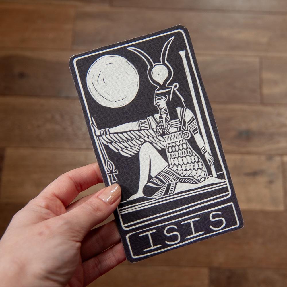 Isis oracle card, Egyptian goddess of magic, motherhood and healing, handmade linocut art