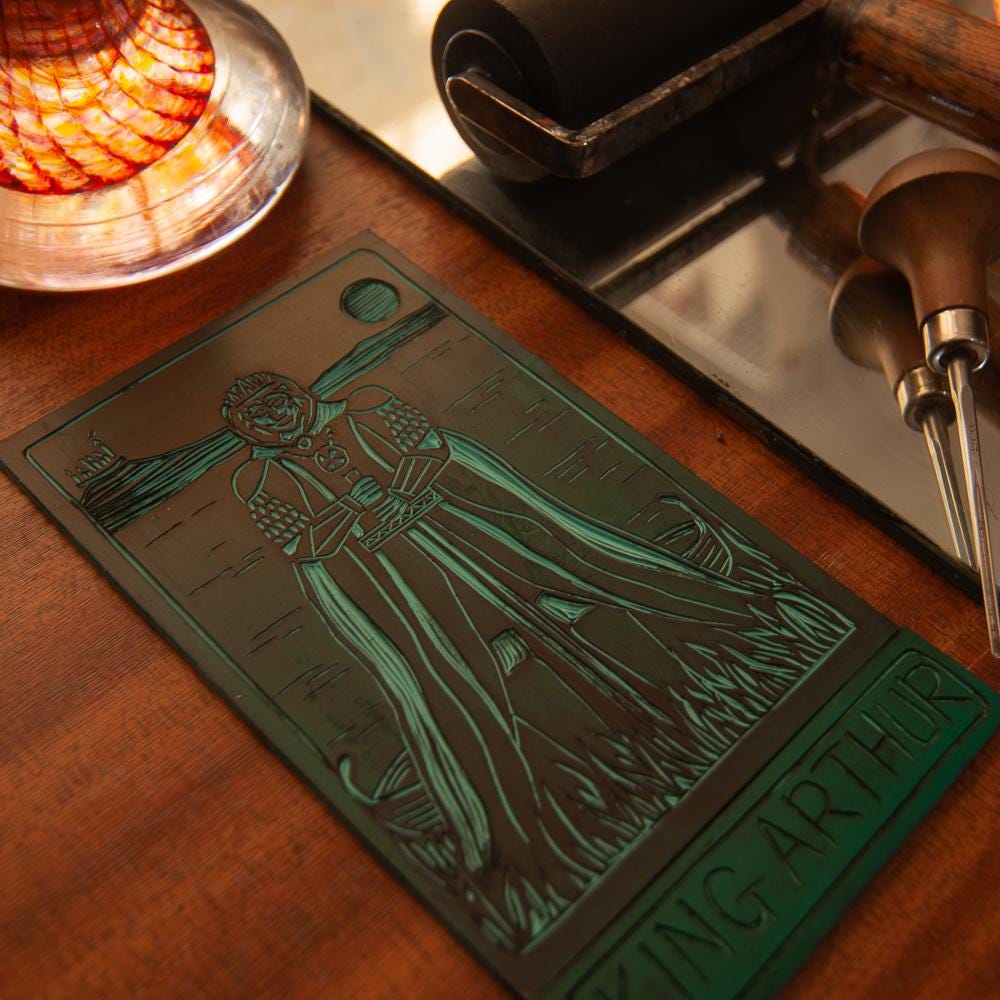 King Arthur oracle card | Divine Masculine Spiritually | Handmade oracle cards, linocut art
