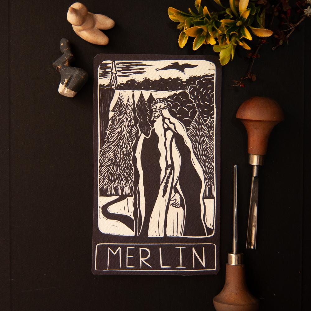 Merlin Oracle altar card | Divine Masculine Archetypes handmade linocut art, eco-friendly gifts.
