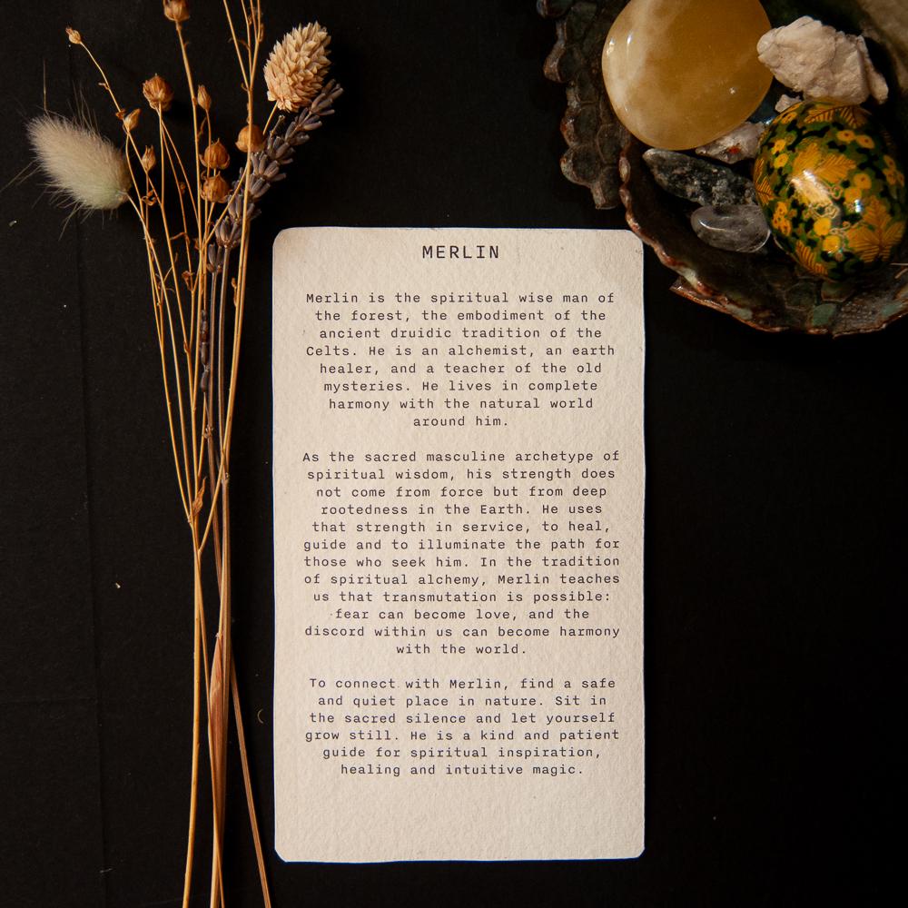 Merlin Oracle altar card | Divine Masculine Archetypes handmade linocut art, eco-friendly gifts.