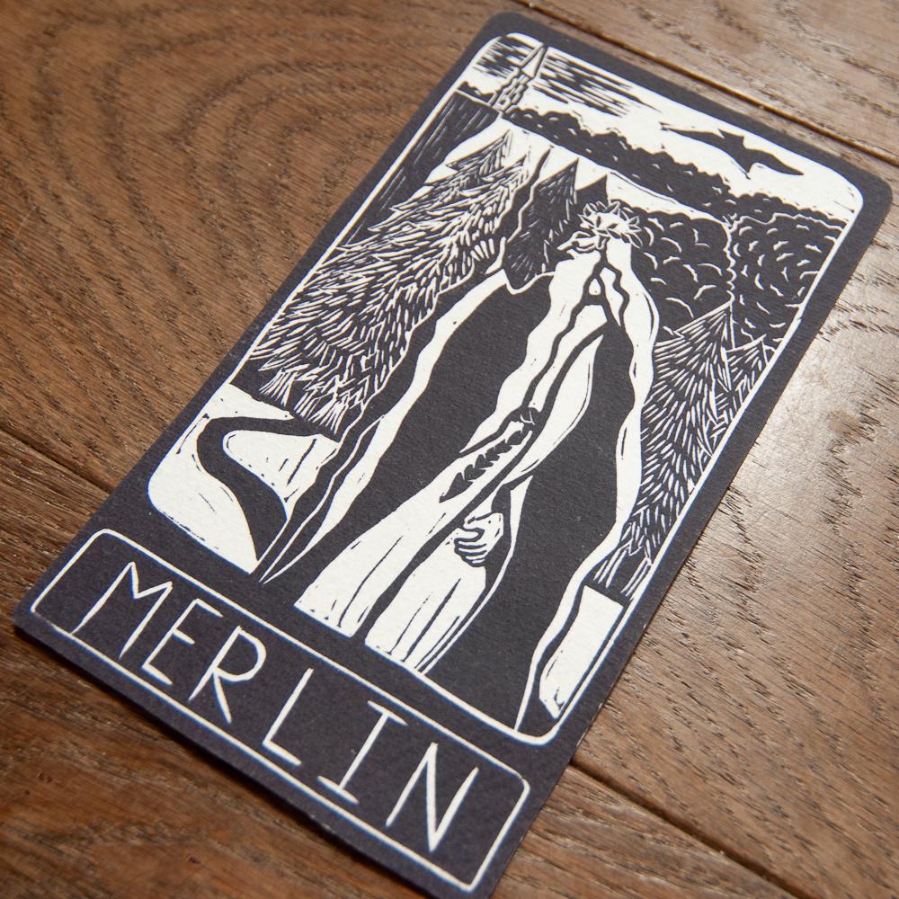 Merlin Oracle altar card | Divine Masculine Archetypes handmade linocut art, eco-friendly gifts.