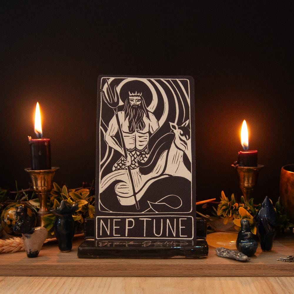 Neptune, Roman God of the seas. Divine Masculine guidance oracle card, handmade linocut art.