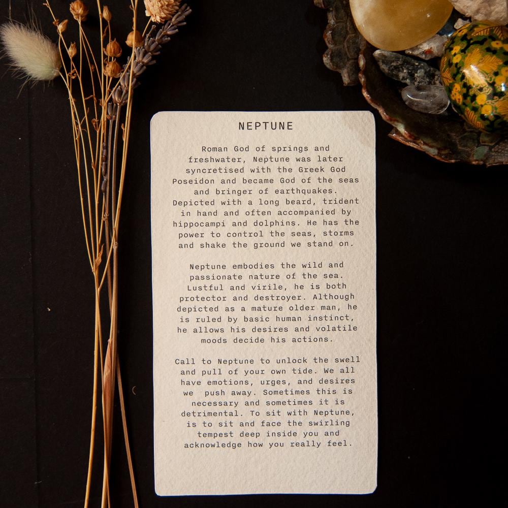 Neptune, Roman God of the seas. Divine Masculine guidance oracle card, handmade linocut art.