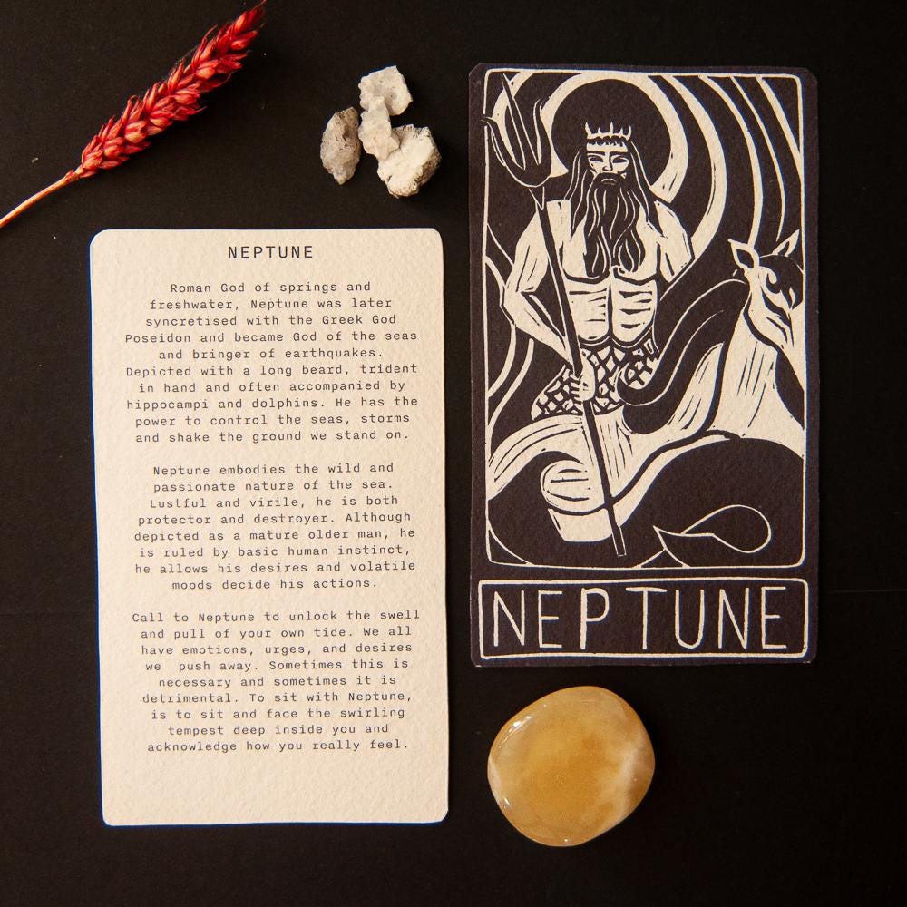 Neptune, Roman God of the seas. Divine Masculine guidance oracle card, handmade linocut art.