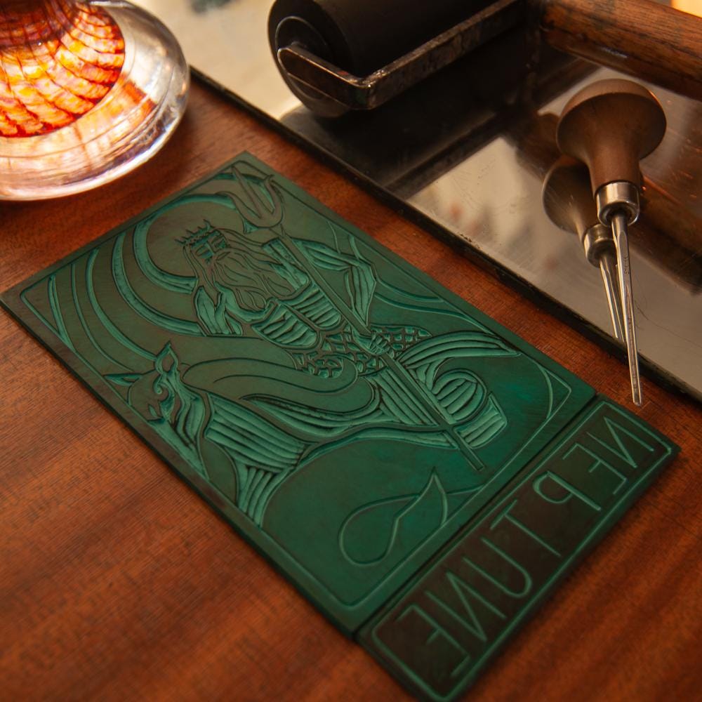 Neptune, Roman God of the seas. Divine Masculine guidance oracle card, handmade linocut art.