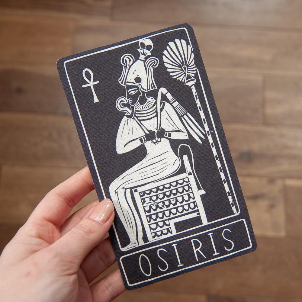 Osiris, Egyptian god of the dead | Goddess guidance oracle card, handmade linocut art, eco-friendly gifts.