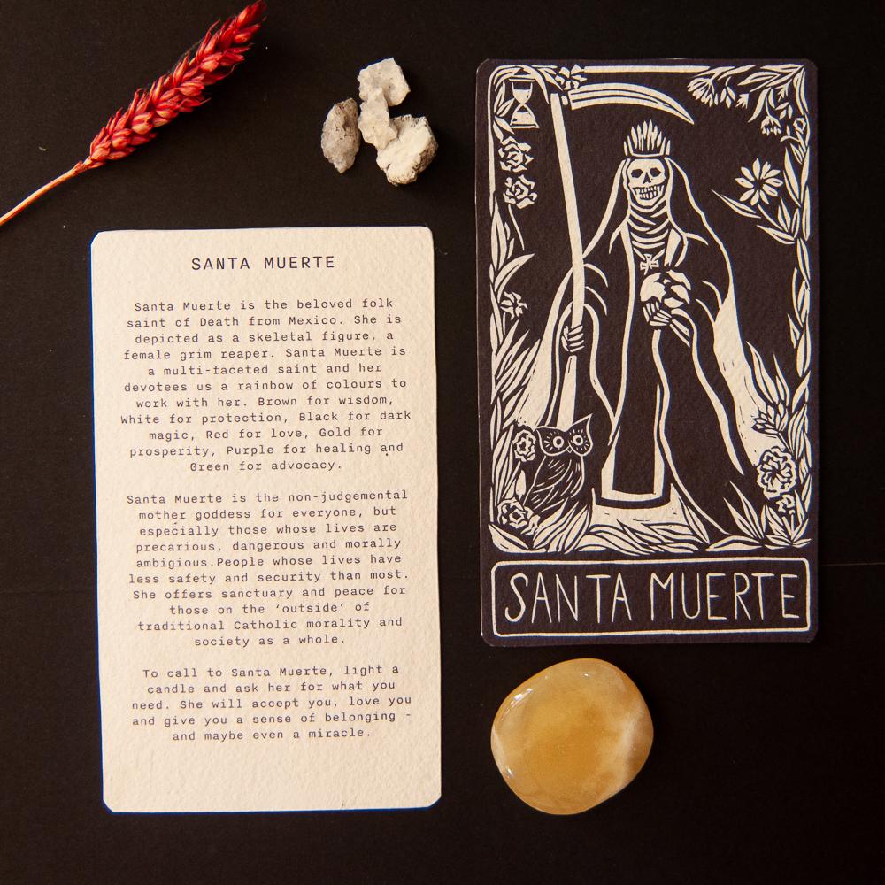 Santa Muerte Mexican folk saint | Goddess Oracle card with goddess guidance handmade linocut art,