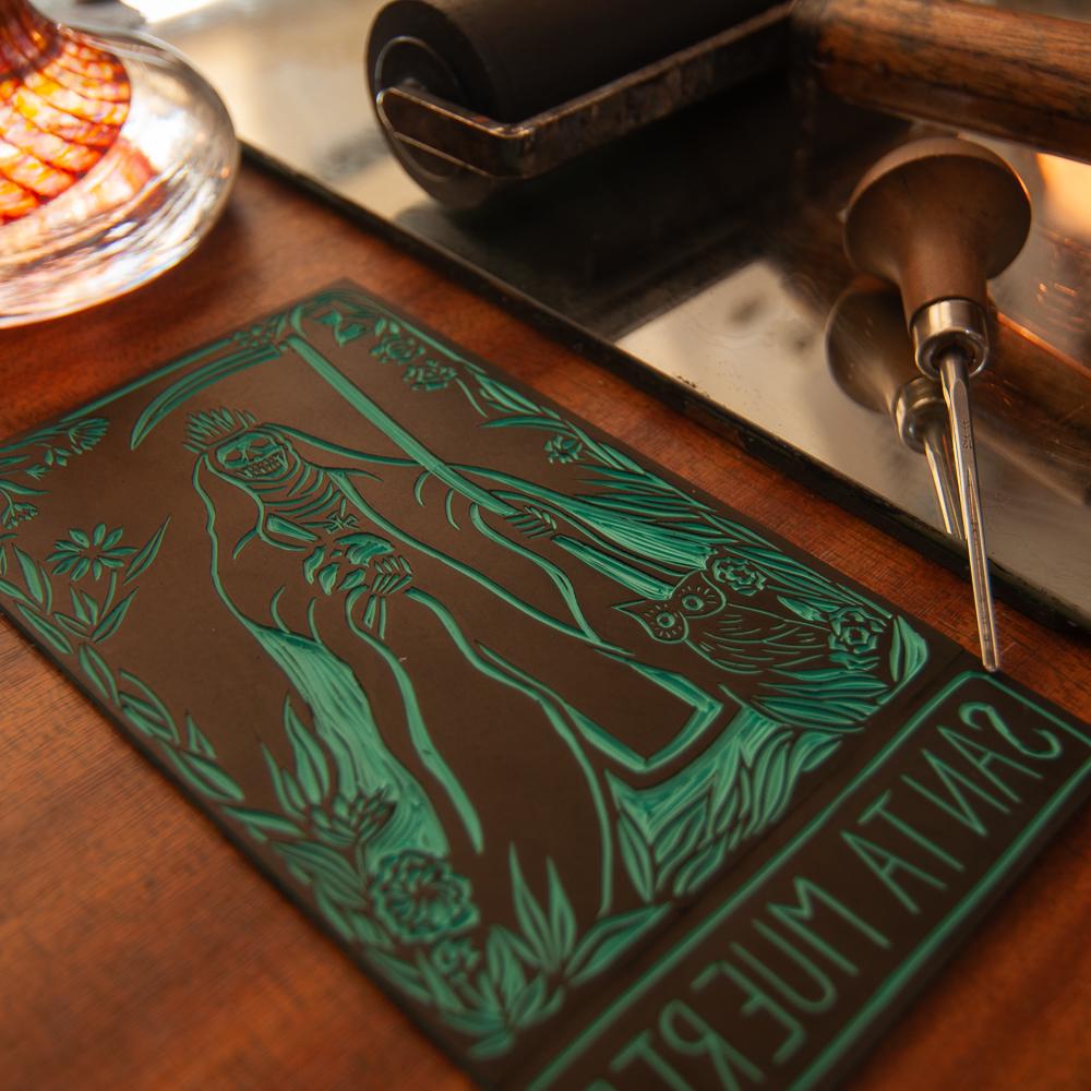 Santa Muerte Mexican folk saint | Goddess Oracle card with goddess guidance handmade linocut art,