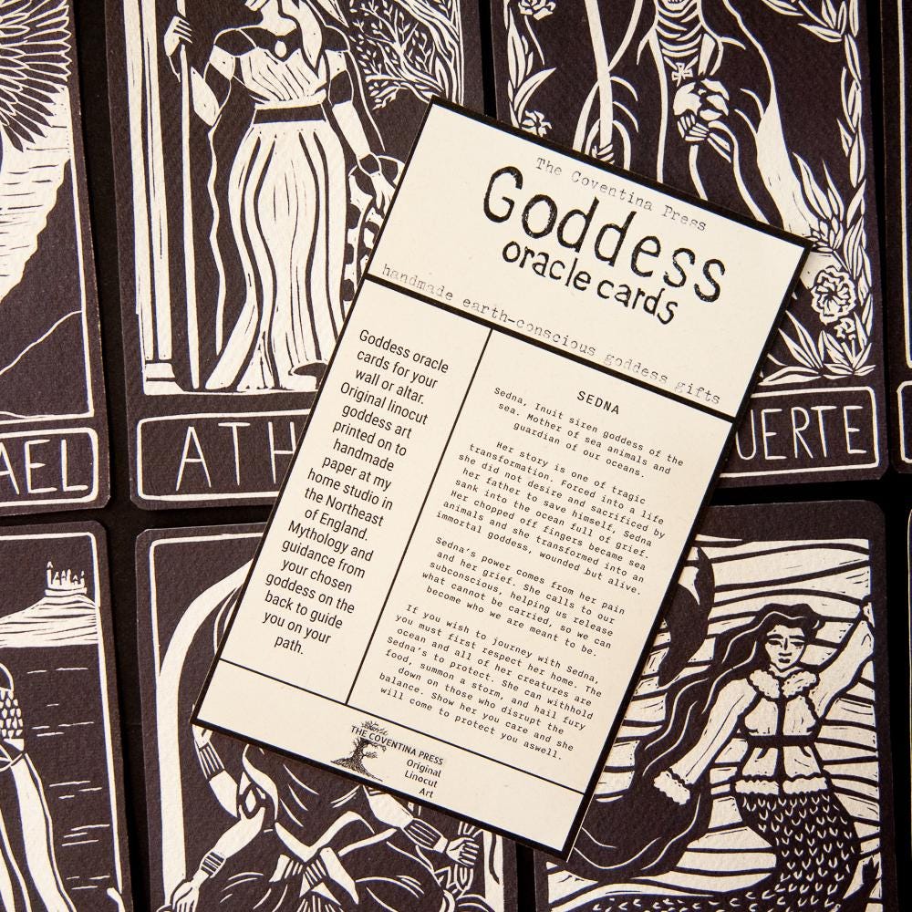 Goddess Sedna oracle altar card | Inuit Goddess handmade linocut art, eco-friendly gifts.