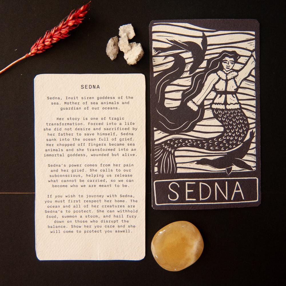 Goddess Sedna oracle altar card | Inuit Goddess handmade linocut art, eco-friendly gifts.