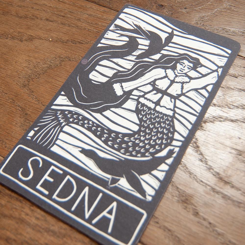 Goddess Sedna oracle altar card | Inuit Goddess handmade linocut art, eco-friendly gifts.