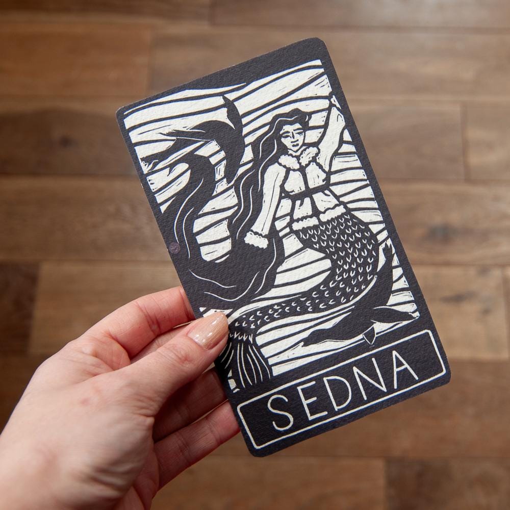 Goddess Sedna oracle altar card | Inuit Goddess handmade linocut art, eco-friendly gifts.