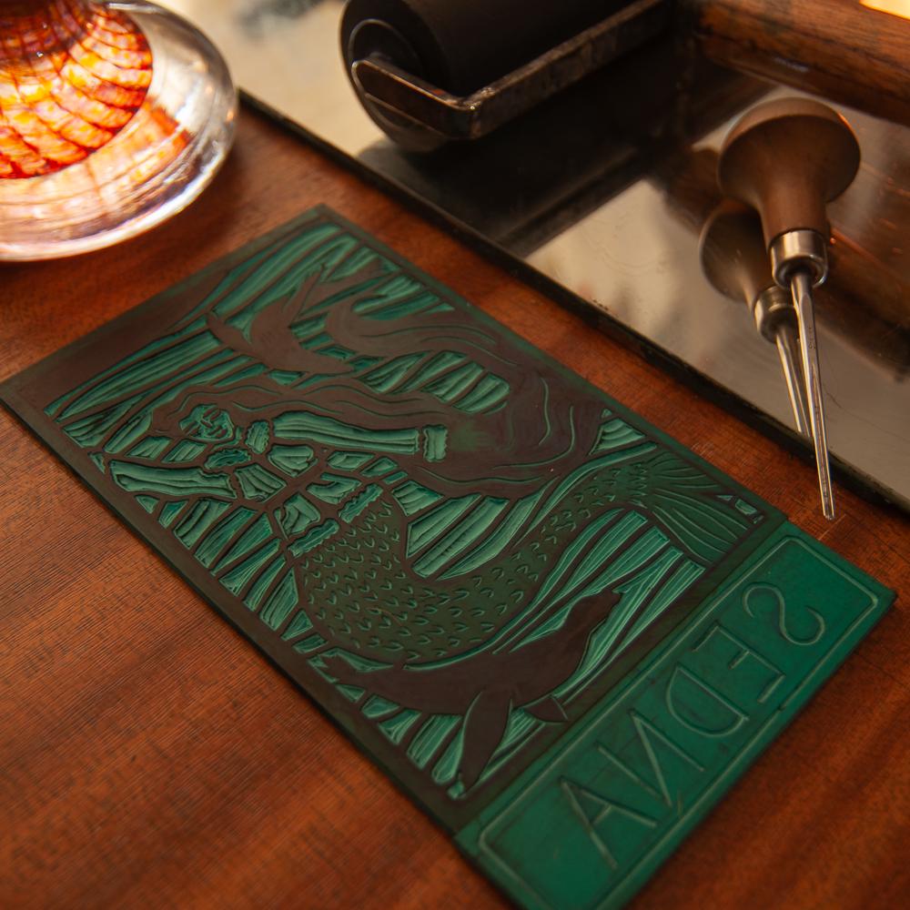 Goddess Sedna oracle altar card | Inuit Goddess handmade linocut art, eco-friendly gifts.