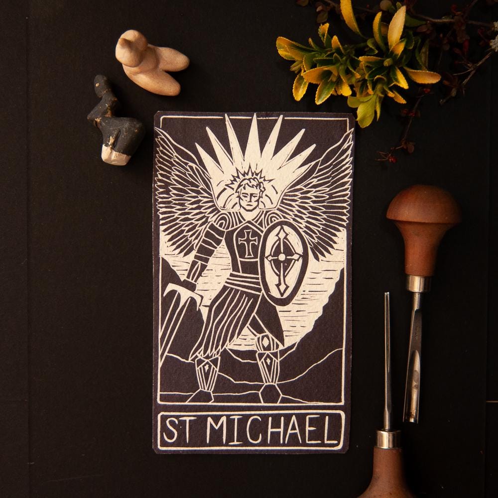 St Michael Divine Masculine oracle altar card handmade linocut art, eco-friendly gifts.