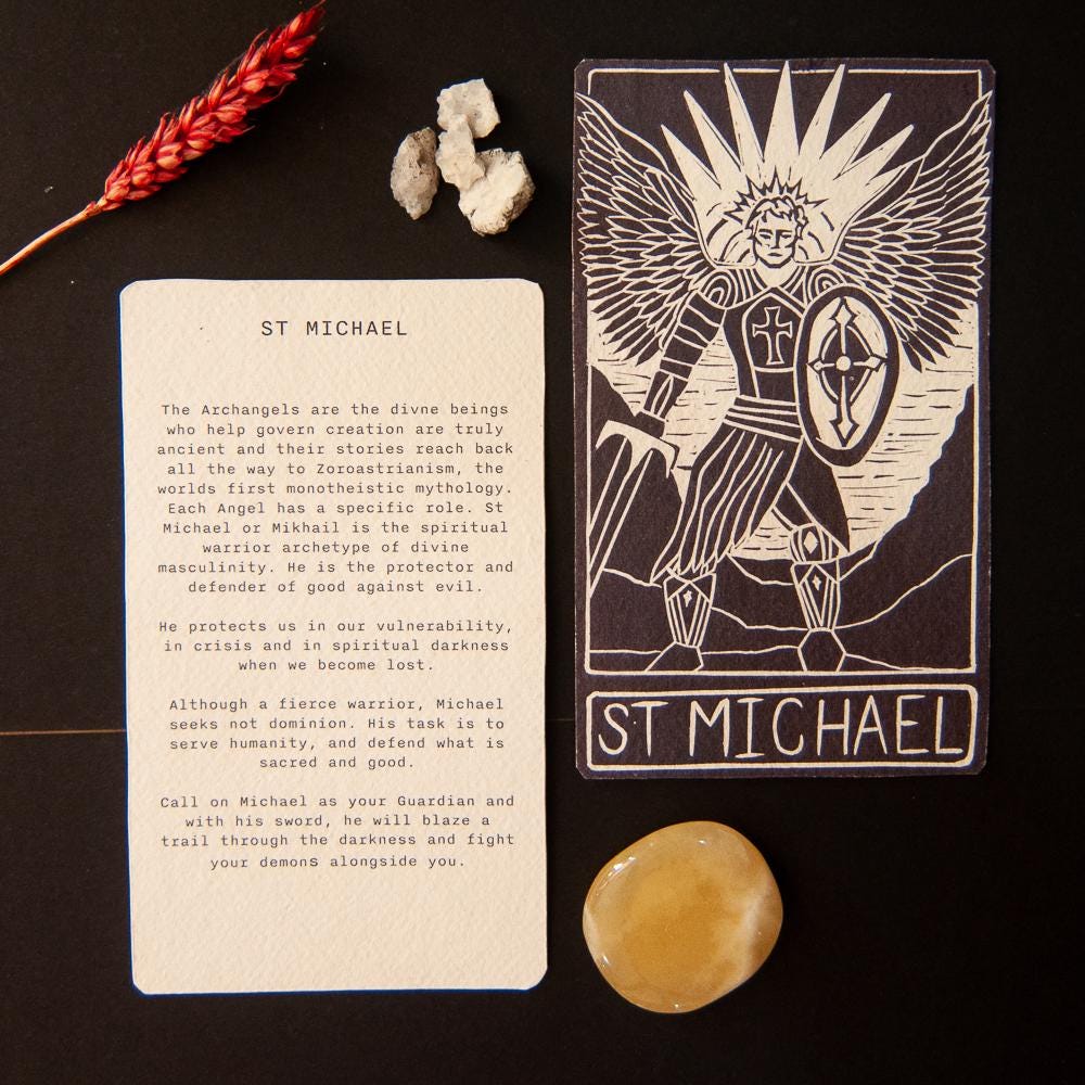 St Michael Divine Masculine oracle altar card handmade linocut art, eco-friendly gifts.