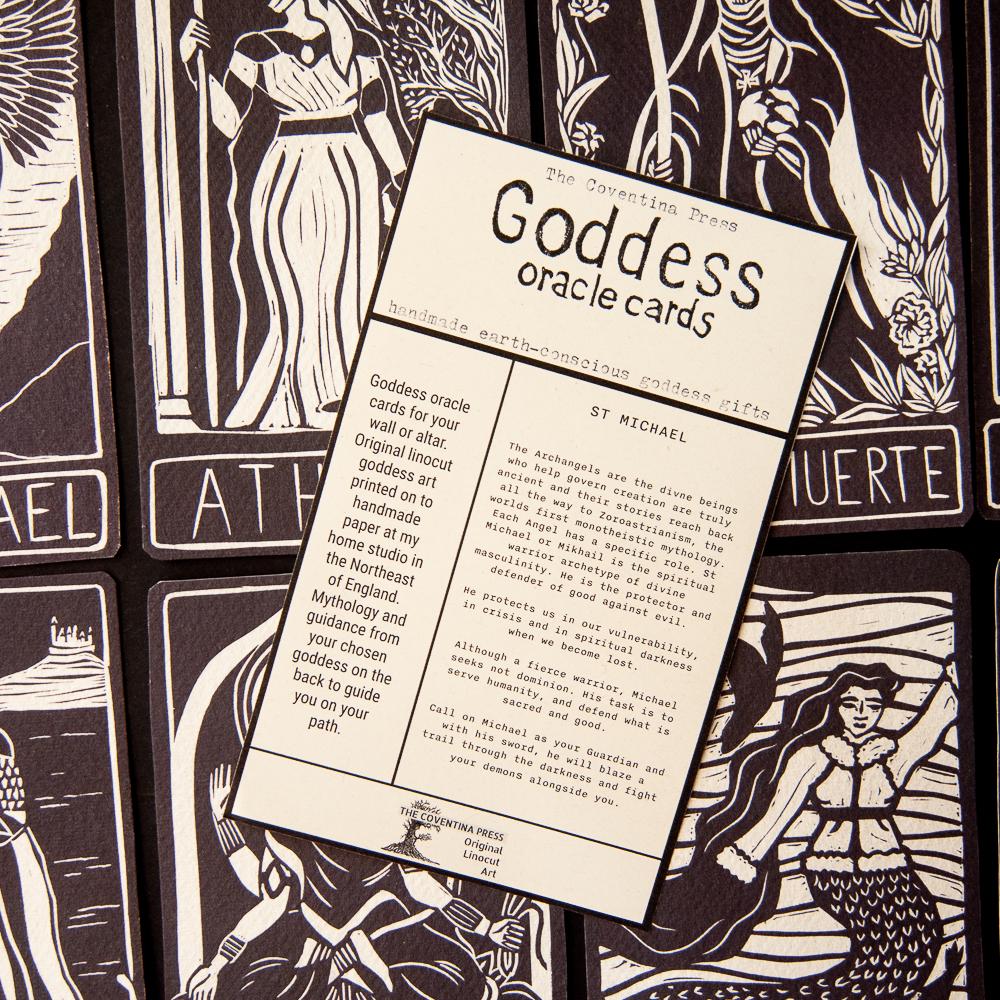 St Michael Divine Masculine oracle altar card handmade linocut art, eco-friendly gifts.