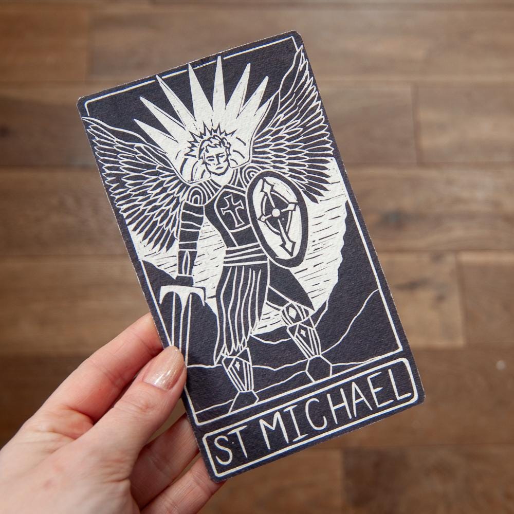 St Michael Divine Masculine oracle altar card handmade linocut art, eco-friendly gifts.
