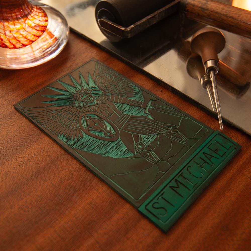 St Michael Divine Masculine oracle altar card handmade linocut art, eco-friendly gifts.