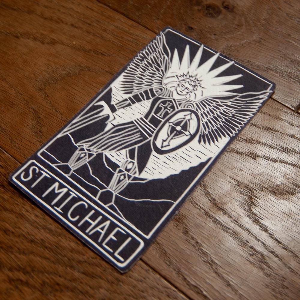 St Michael Divine Masculine oracle altar card handmade linocut art, eco-friendly gifts.