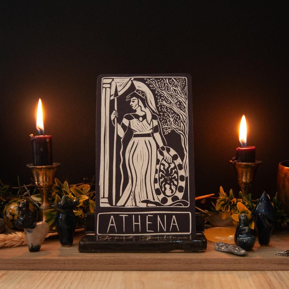 Athena Oracle card | Greek Goddess of wisdom and war. Goddess guidance, handmade linocut art