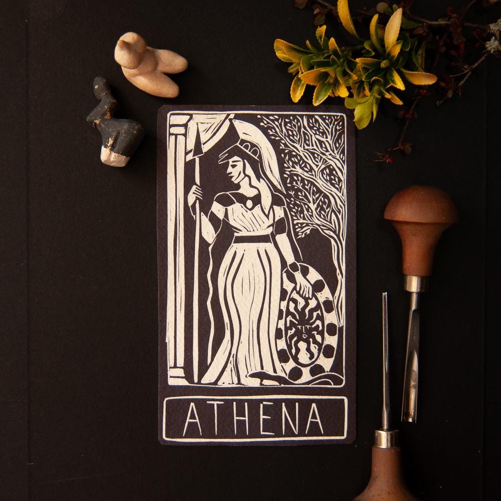 Athena Oracle card | Greek Goddess of wisdom and war. Goddess guidance, handmade linocut art