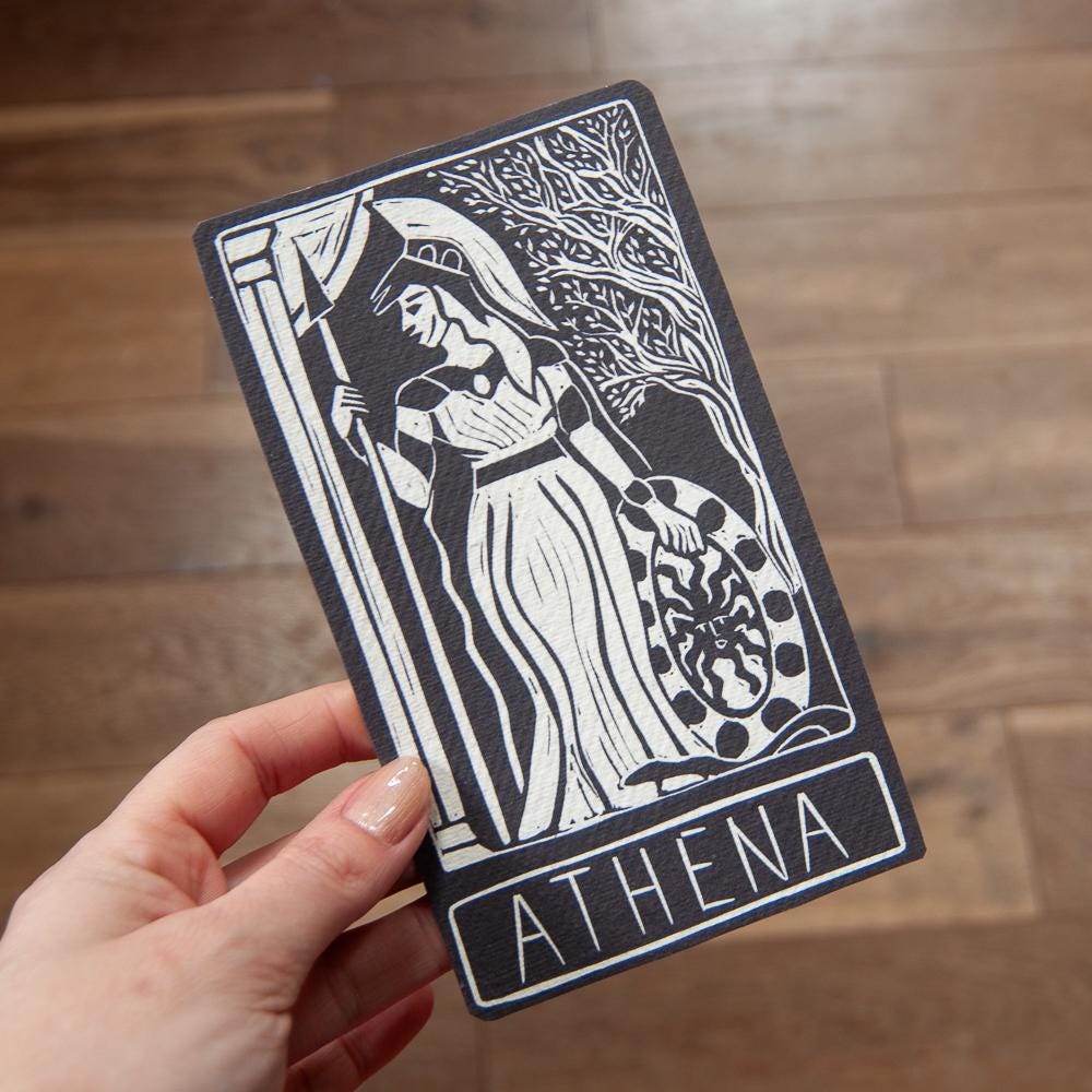 Athena Oracle card | Greek Goddess of wisdom and war. Goddess guidance, handmade linocut art