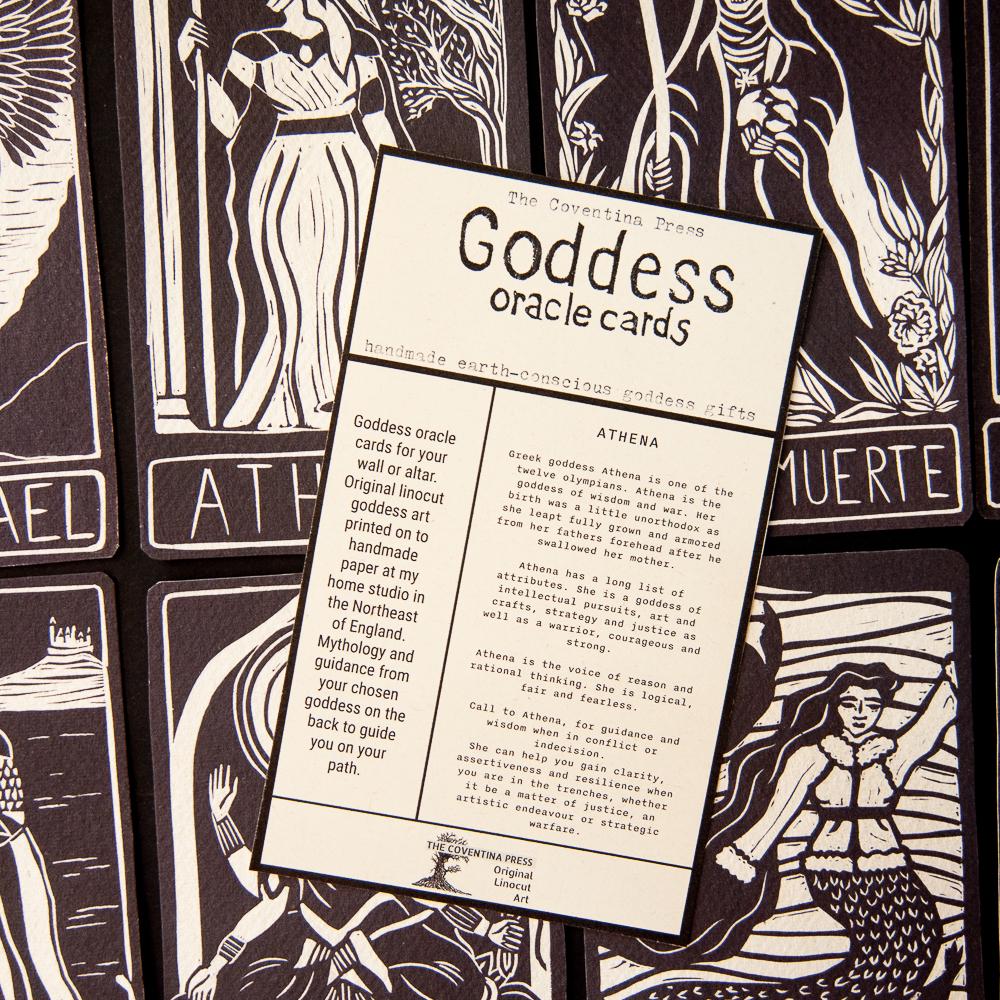 Athena Oracle card | Greek Goddess of wisdom and war. Goddess guidance, handmade linocut art
