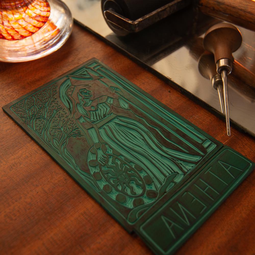 Athena Oracle card | Greek Goddess of wisdom and war. Goddess guidance, handmade linocut art