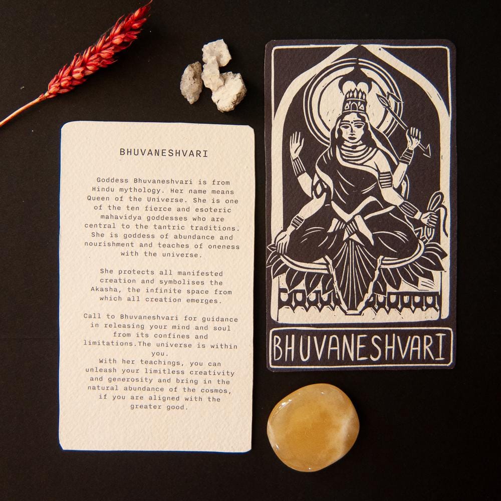 Bhuvaneshvari,Hindu goddess oracle card, abundance, handmade linocut art