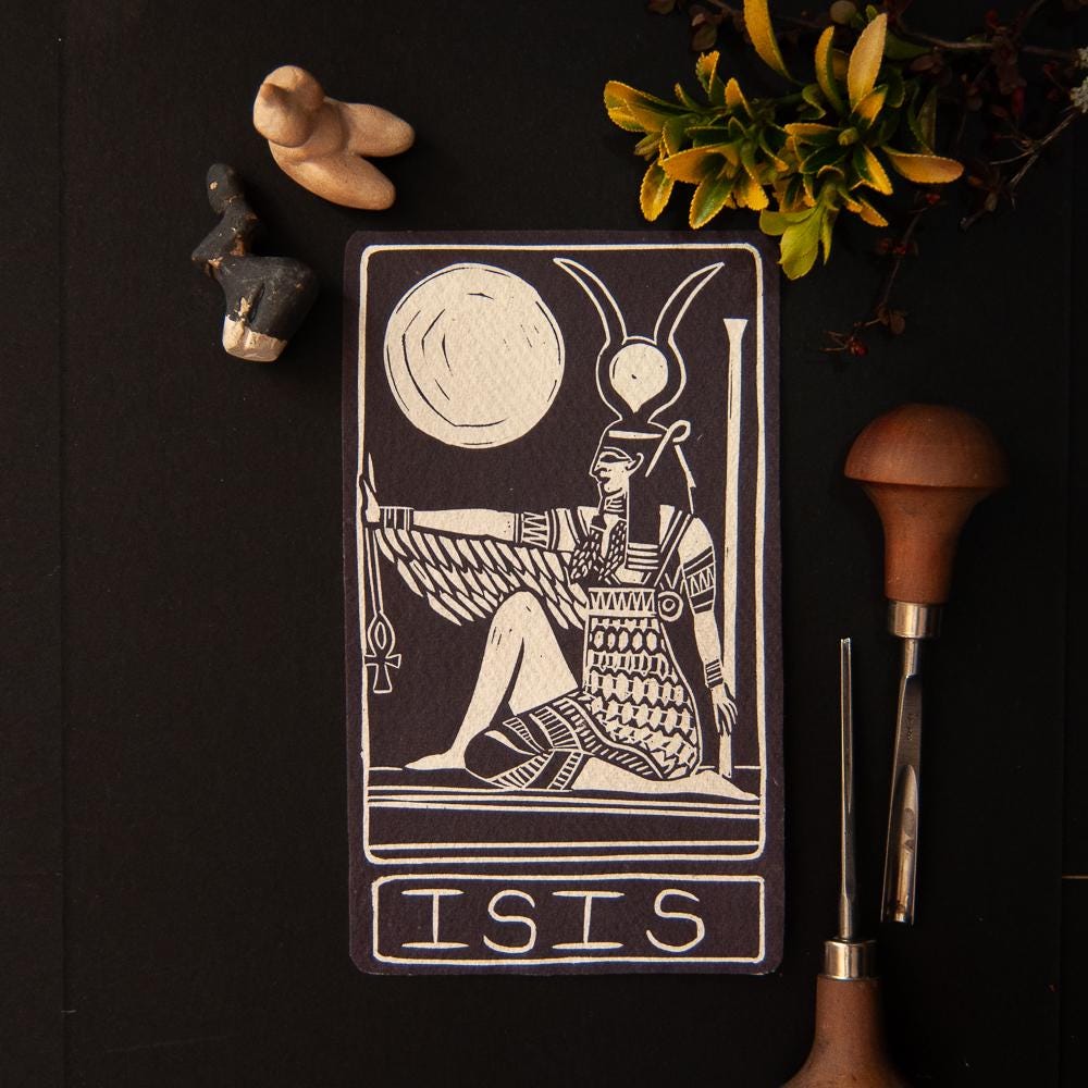 Isis oracle card, Egyptian goddess of magic, motherhood and healing, handmade linocut art