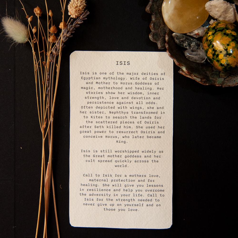 Isis oracle card, Egyptian goddess of magic, motherhood and healing, handmade linocut art