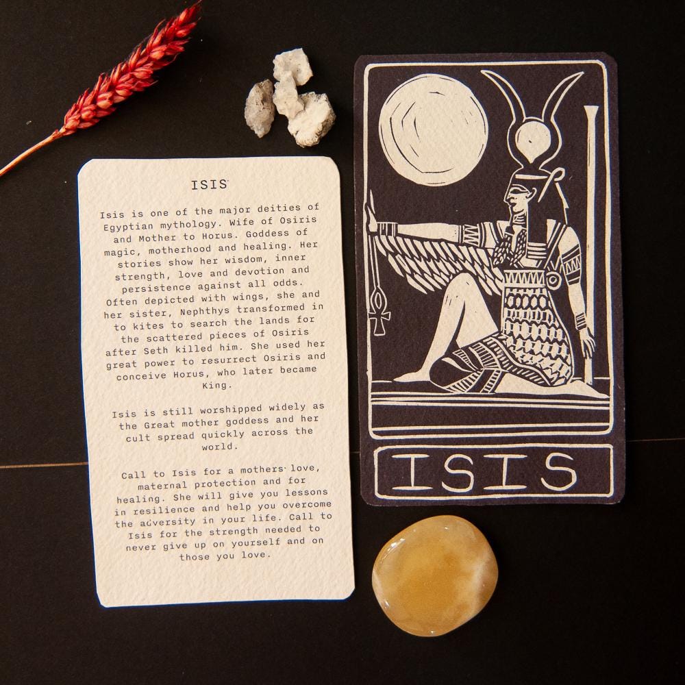 Isis oracle card, Egyptian goddess of magic, motherhood and healing, handmade linocut art