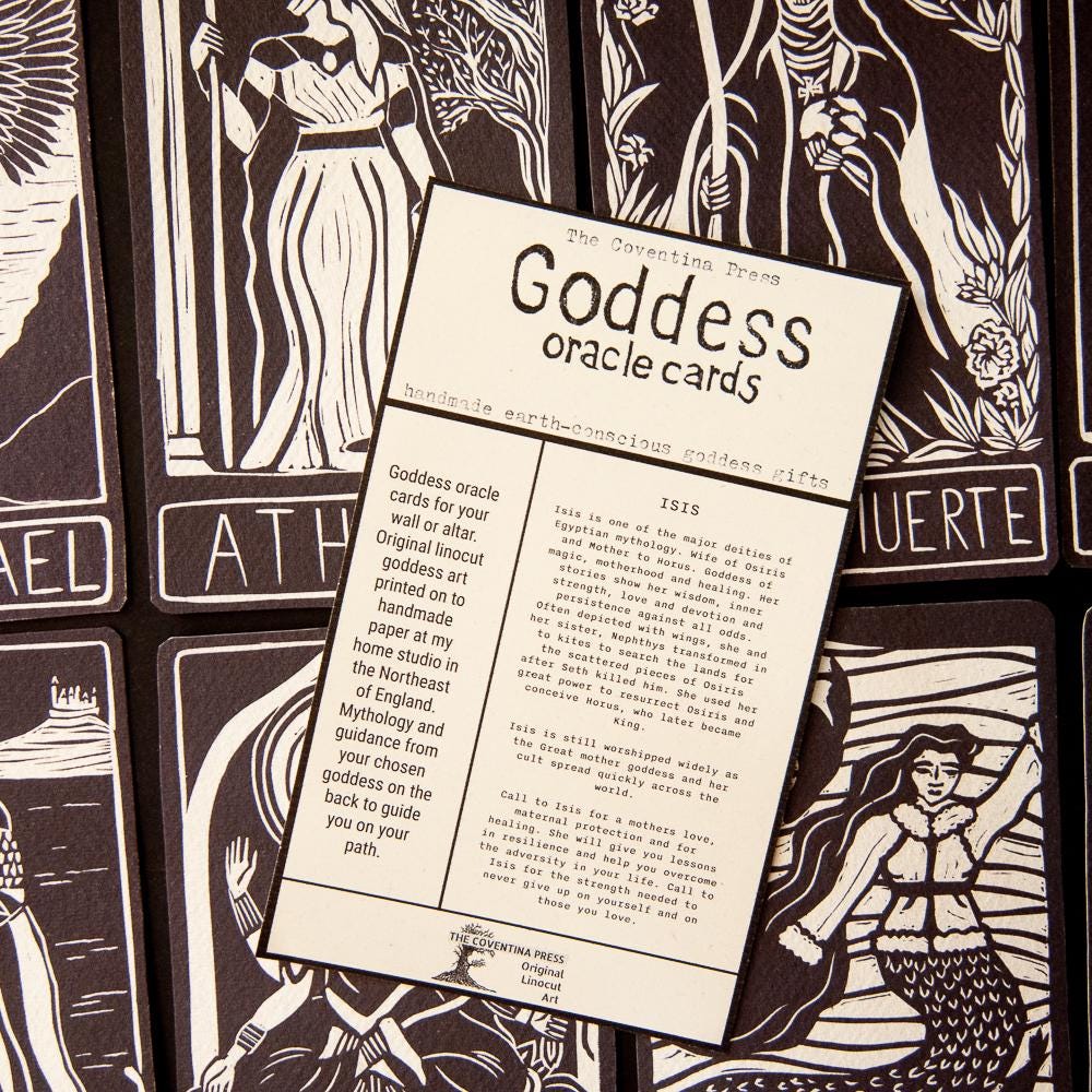 Isis oracle card, Egyptian goddess of magic, motherhood and healing, handmade linocut art