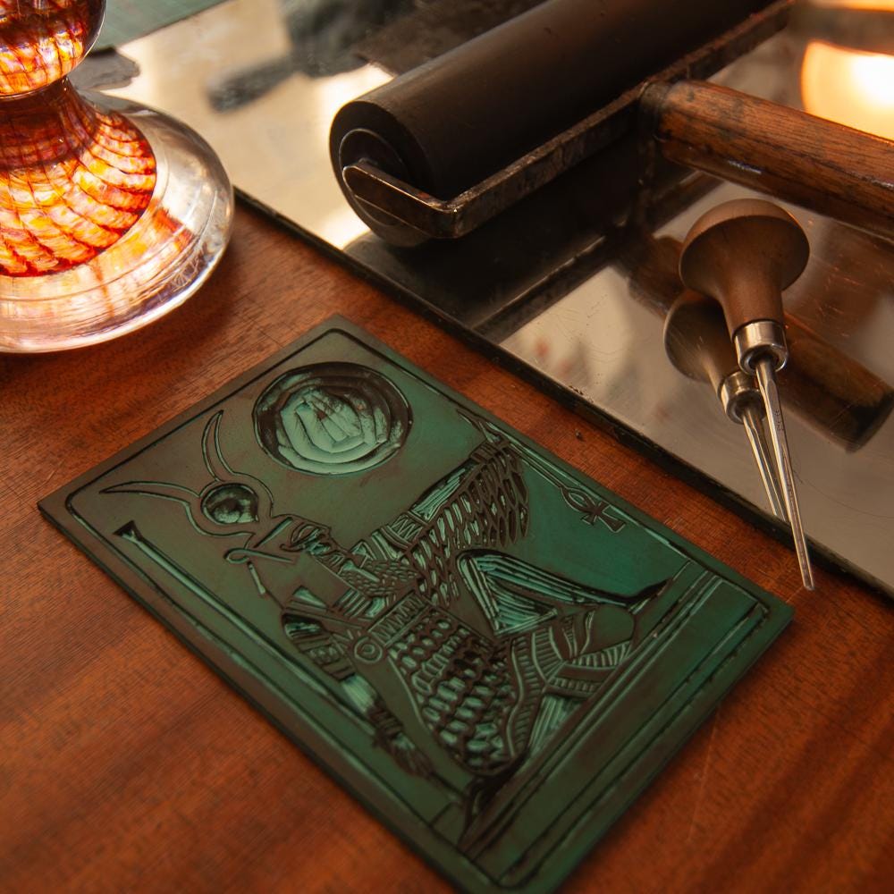 Isis oracle card, Egyptian goddess of magic, motherhood and healing, handmade linocut art