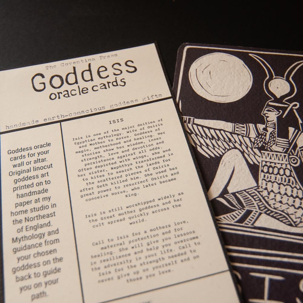 Isis oracle card, Egyptian goddess of magic, motherhood and healing, handmade linocut art