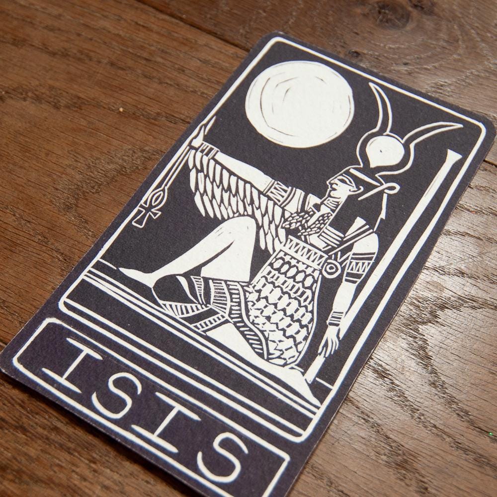 Isis oracle card, Egyptian goddess of magic, motherhood and healing, handmade linocut art