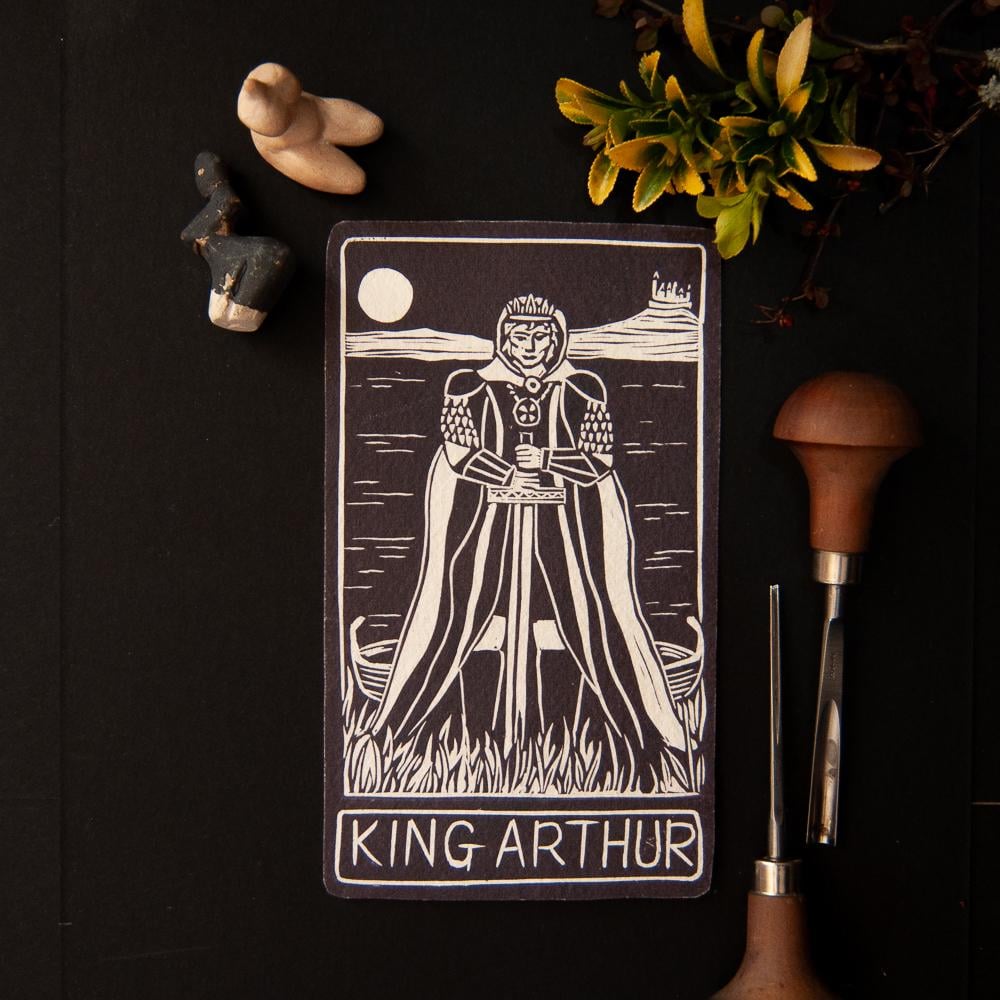 King Arthur oracle card | Divine Masculine Spiritually | Handmade oracle cards, linocut art