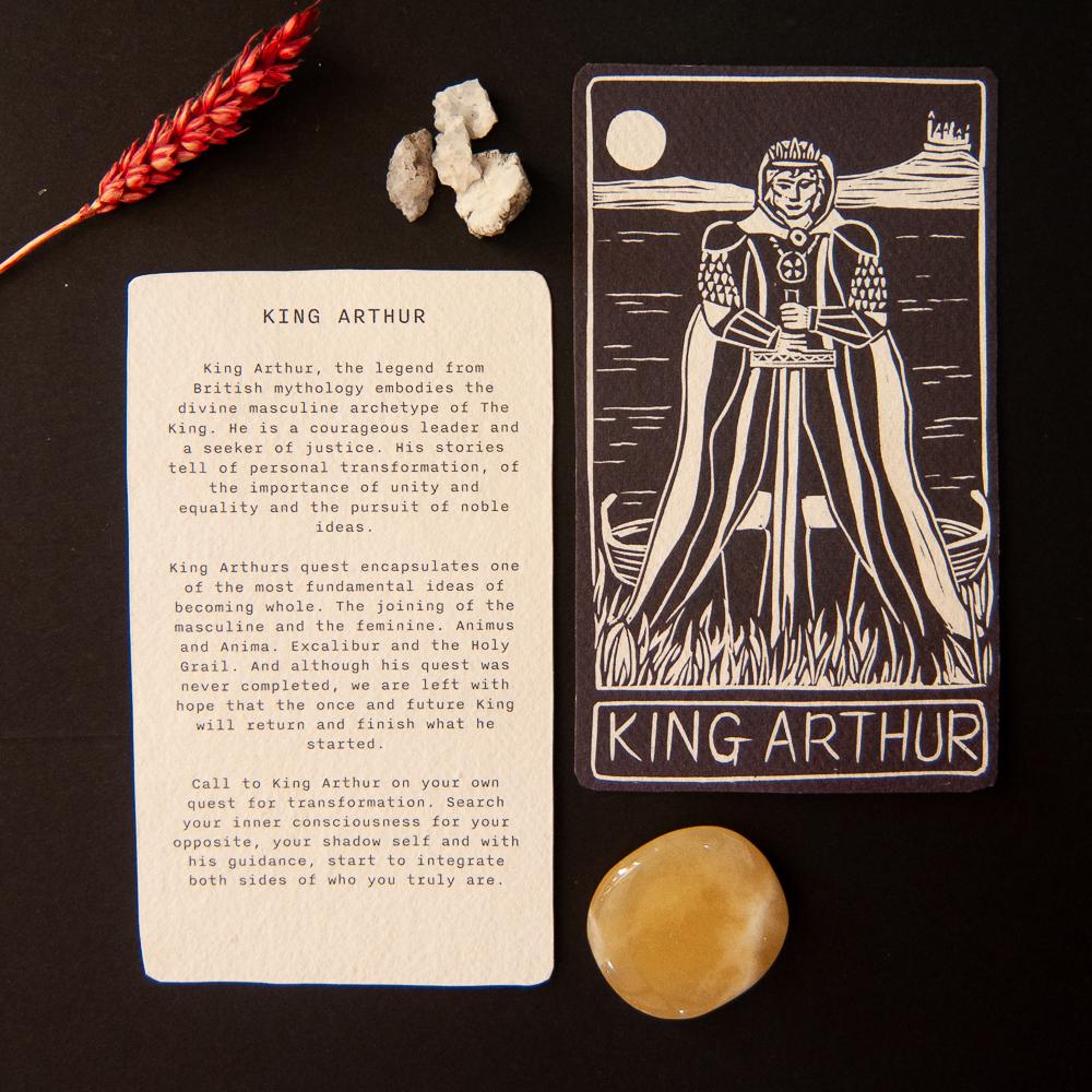 King Arthur oracle card | Divine Masculine Spiritually | Handmade oracle cards, linocut art