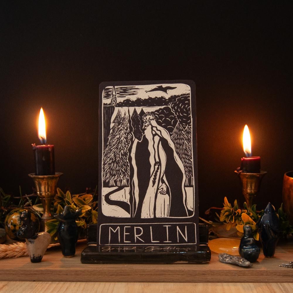 Merlin Oracle altar card | Divine Masculine Archetypes handmade linocut art, eco-friendly gifts.