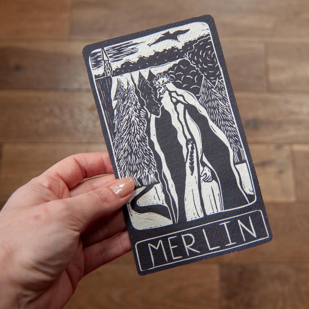 Merlin Oracle altar card | Divine Masculine Archetypes handmade linocut art, eco-friendly gifts.