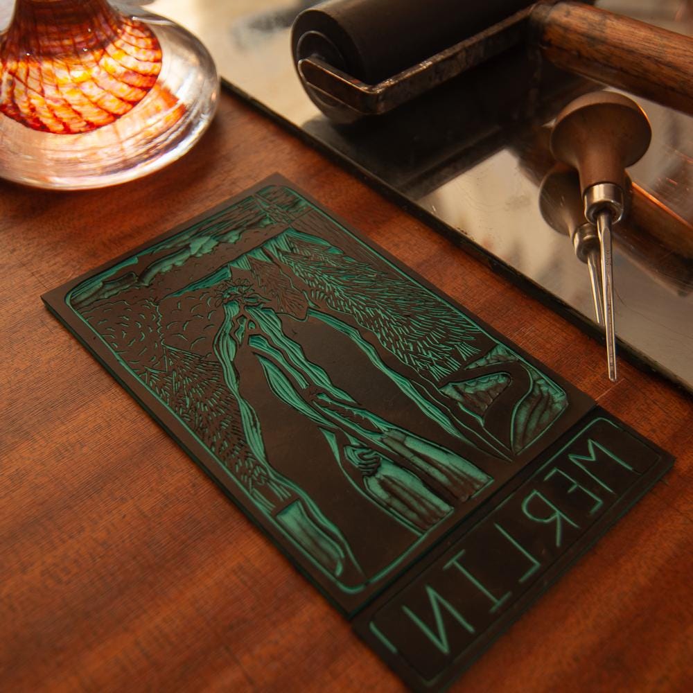 Merlin Oracle altar card | Divine Masculine Archetypes handmade linocut art, eco-friendly gifts.
