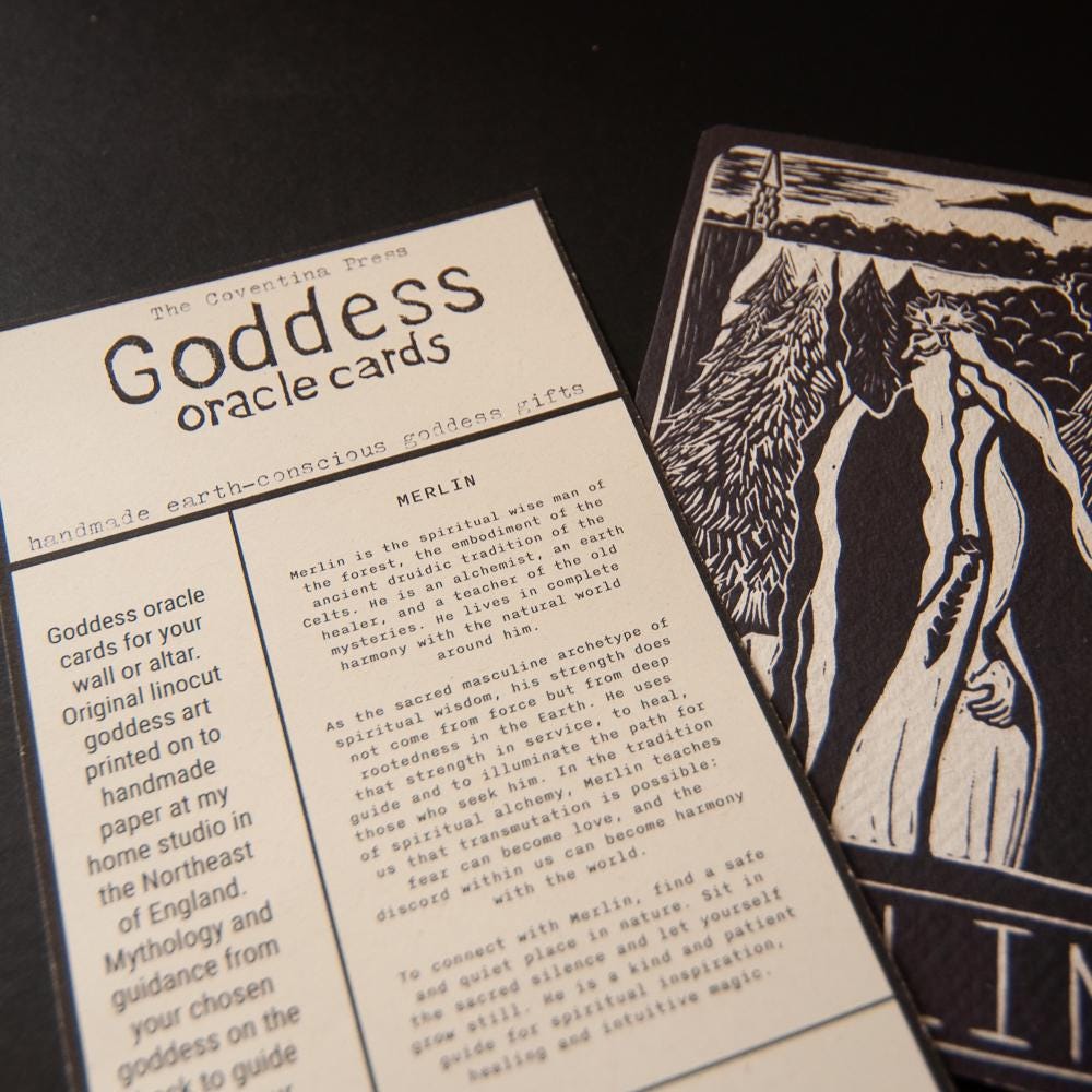 Merlin Oracle altar card | Divine Masculine Archetypes handmade linocut art, eco-friendly gifts.