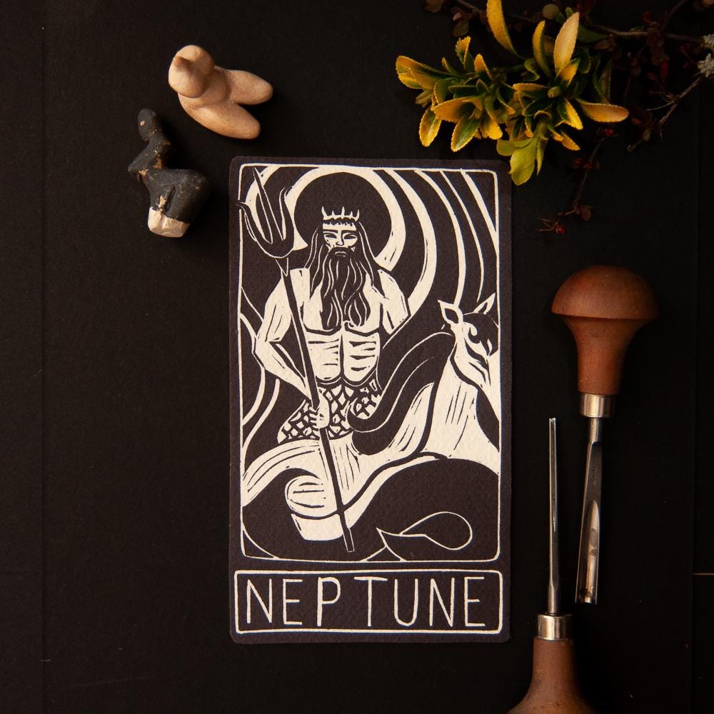 Neptune, Roman God of the seas. Divine Masculine guidance oracle card, handmade linocut art.