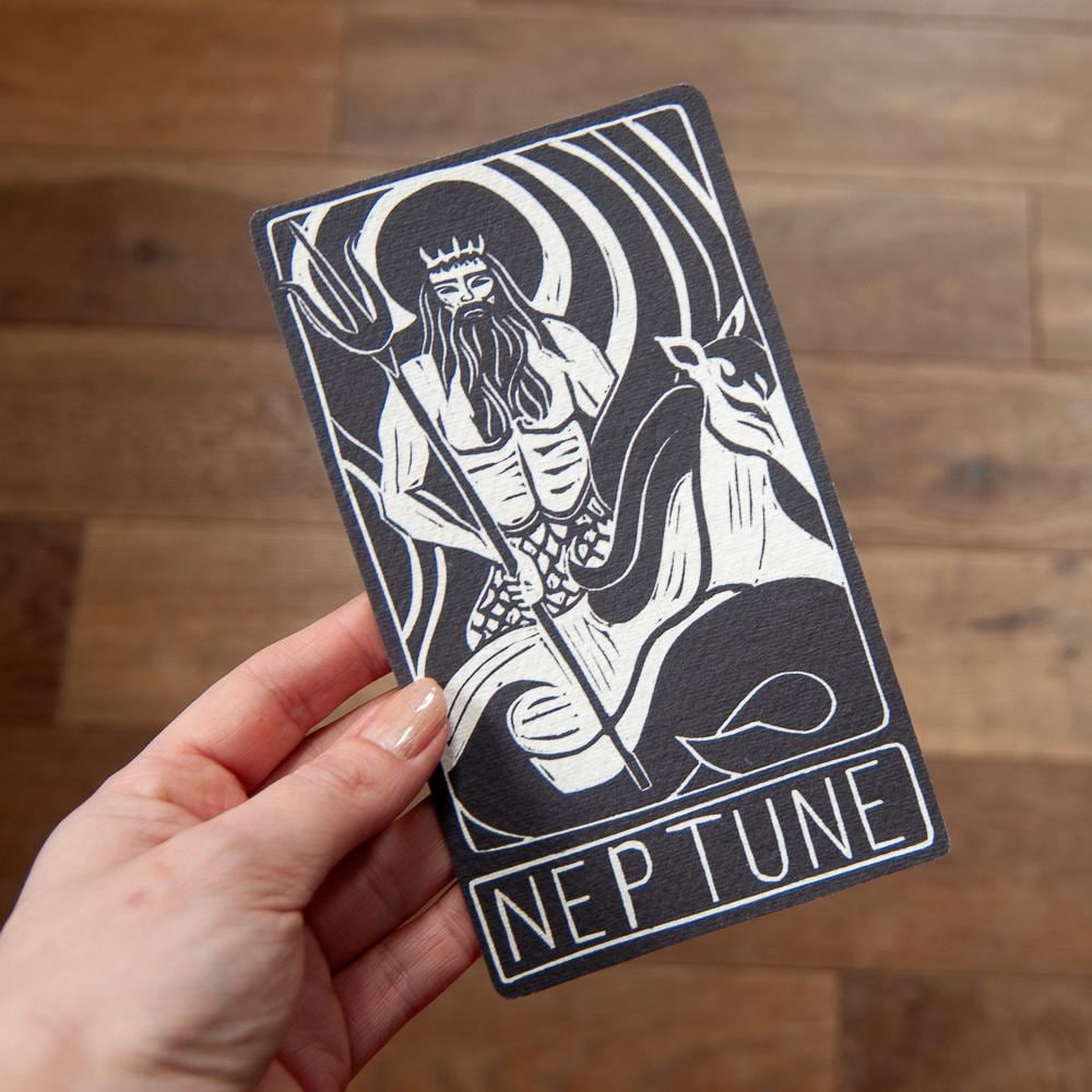 Neptune, Roman God of the seas. Divine Masculine guidance oracle card, handmade linocut art.