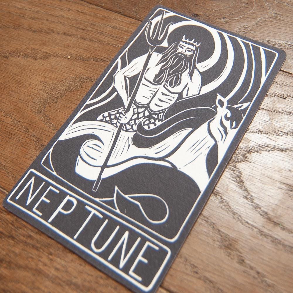 Neptune, Roman God of the seas. Divine Masculine guidance oracle card, handmade linocut art.