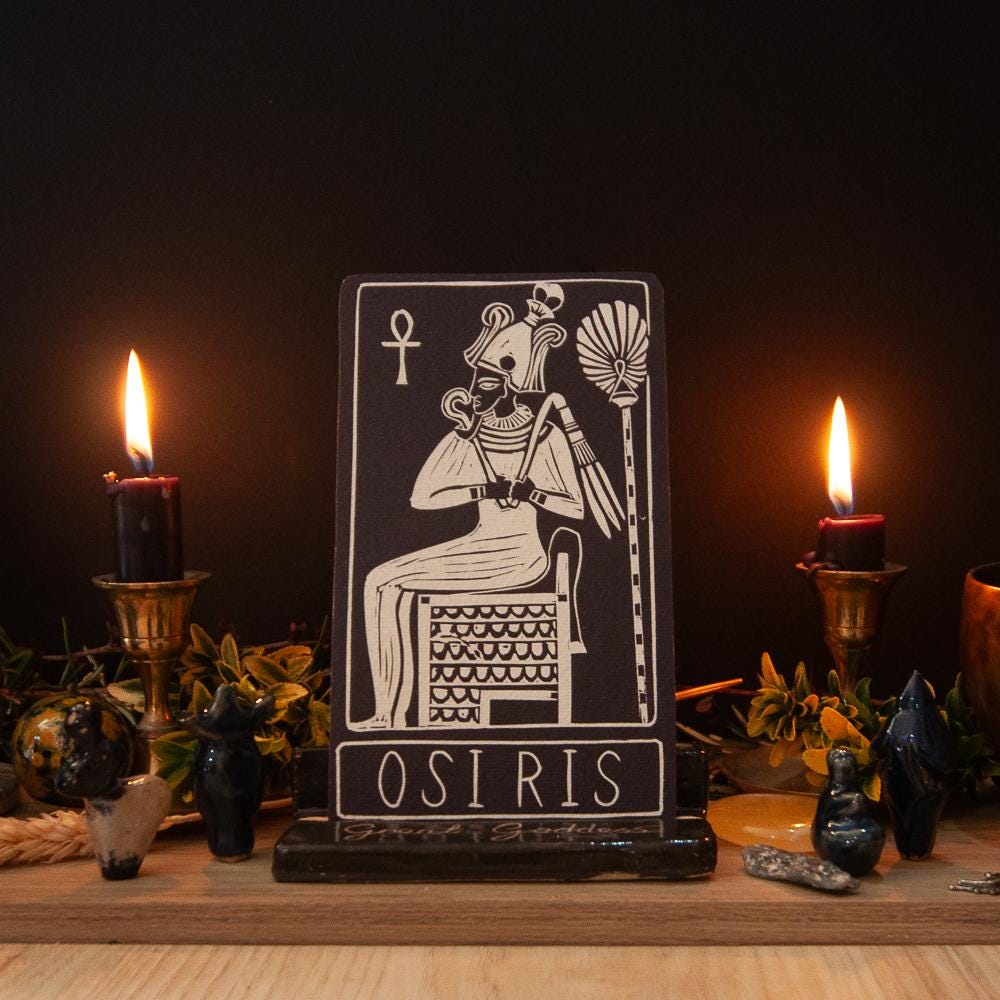 Osiris, Egyptian god of the dead | Goddess guidance oracle card, handmade linocut art, eco-friendly gifts.