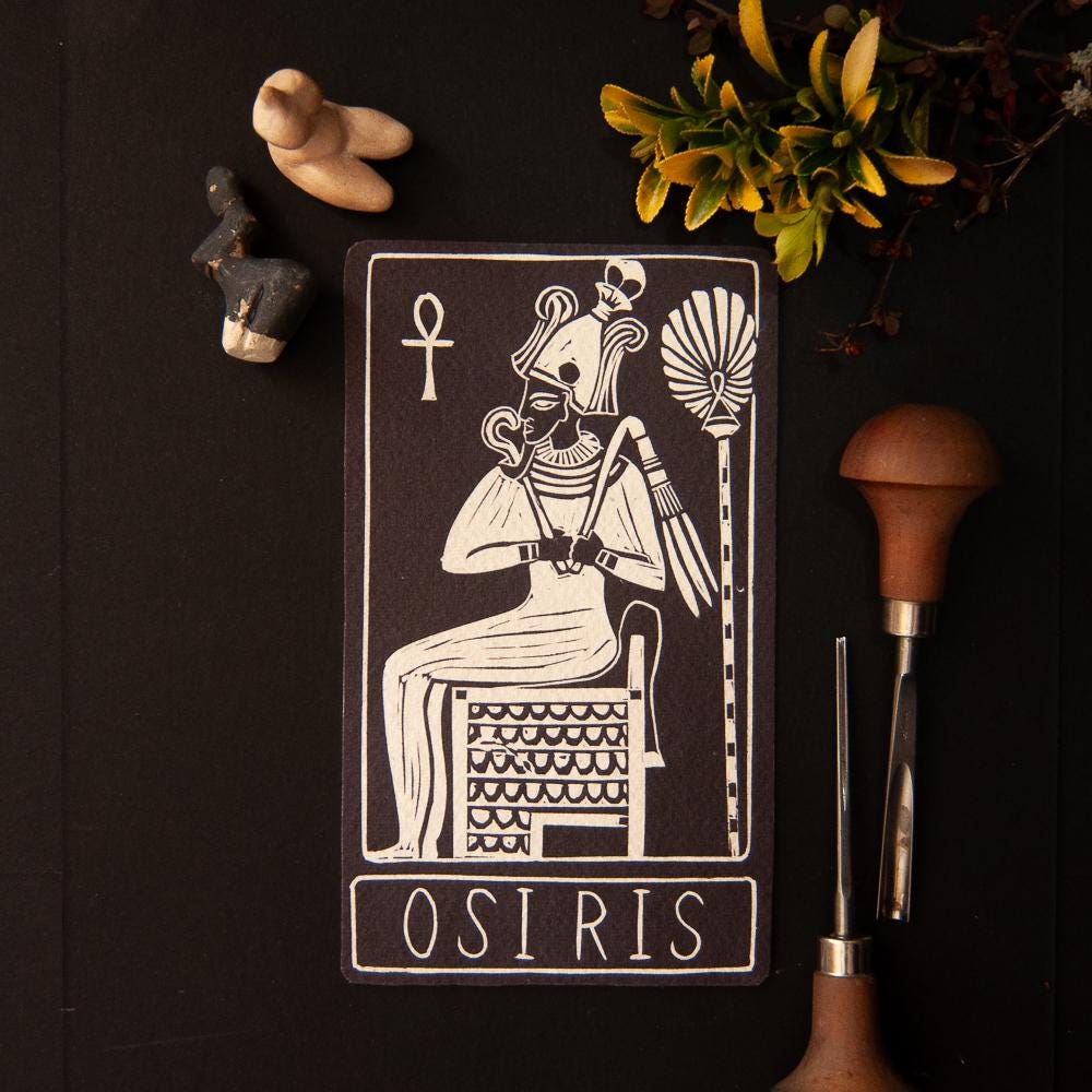 Osiris, Egyptian god of the dead | Goddess guidance oracle card, handmade linocut art, eco-friendly gifts.
