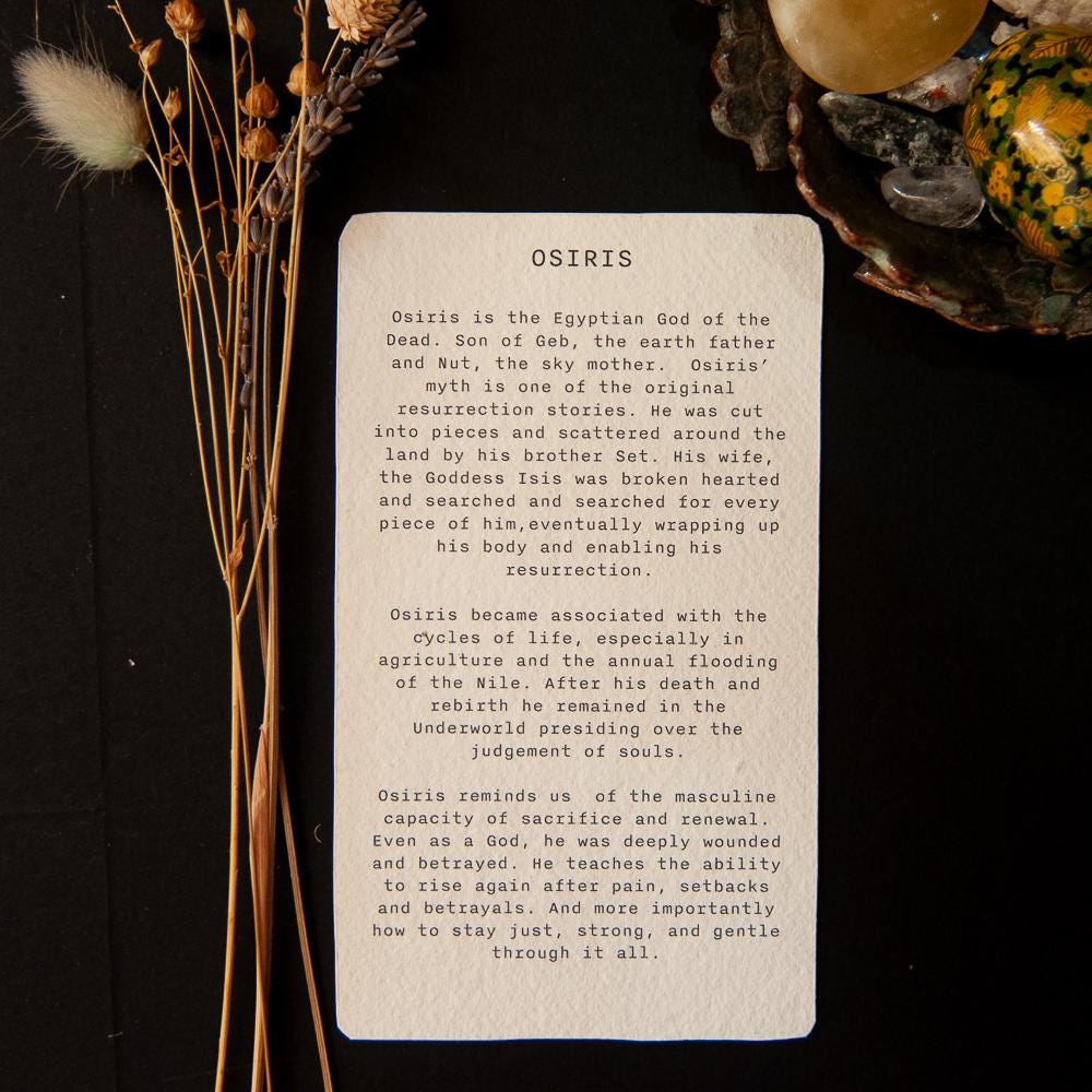 Osiris, Egyptian god of the dead | Goddess guidance oracle card, handmade linocut art, eco-friendly gifts.