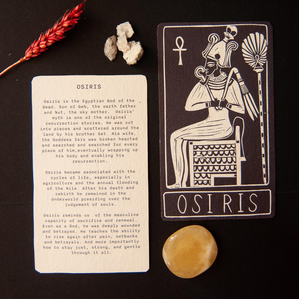 Osiris, Egyptian god of the dead | Goddess guidance oracle card, handmade linocut art, eco-friendly gifts.