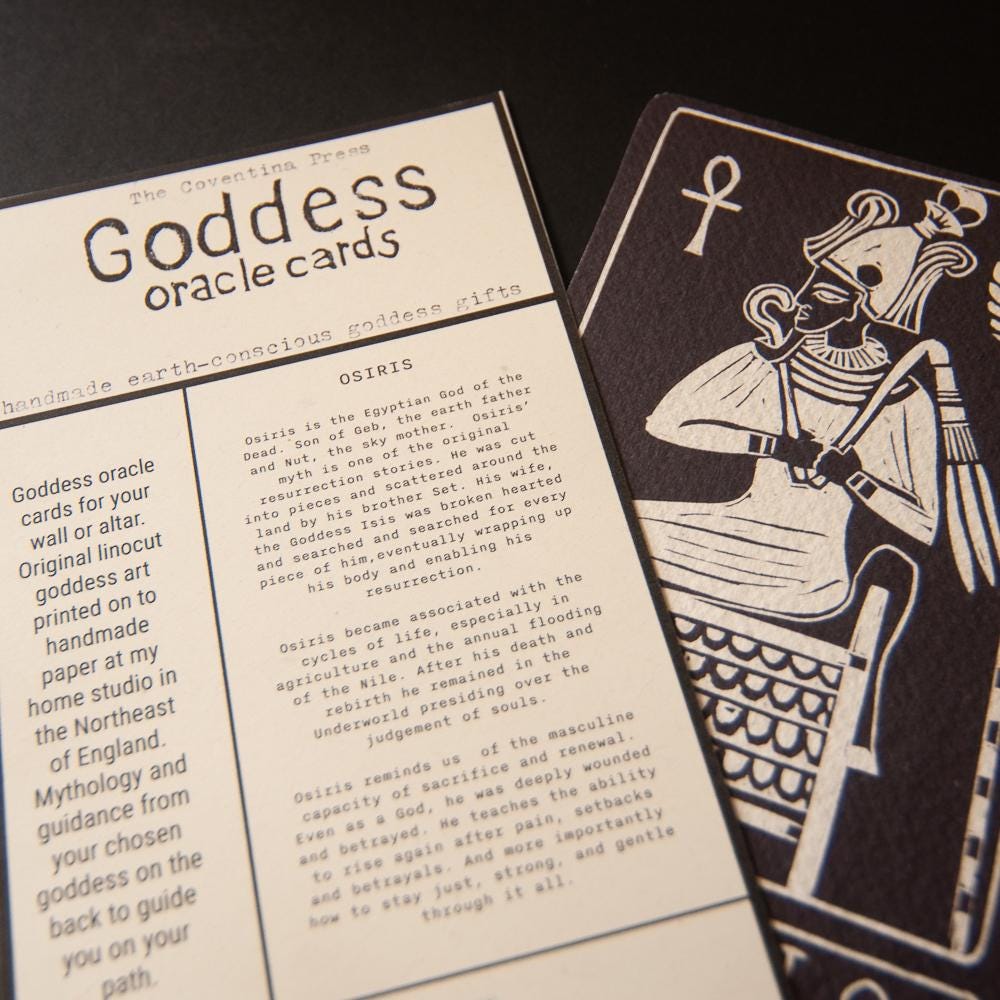 Osiris, Egyptian god of the dead | Goddess guidance oracle card, handmade linocut art, eco-friendly gifts.